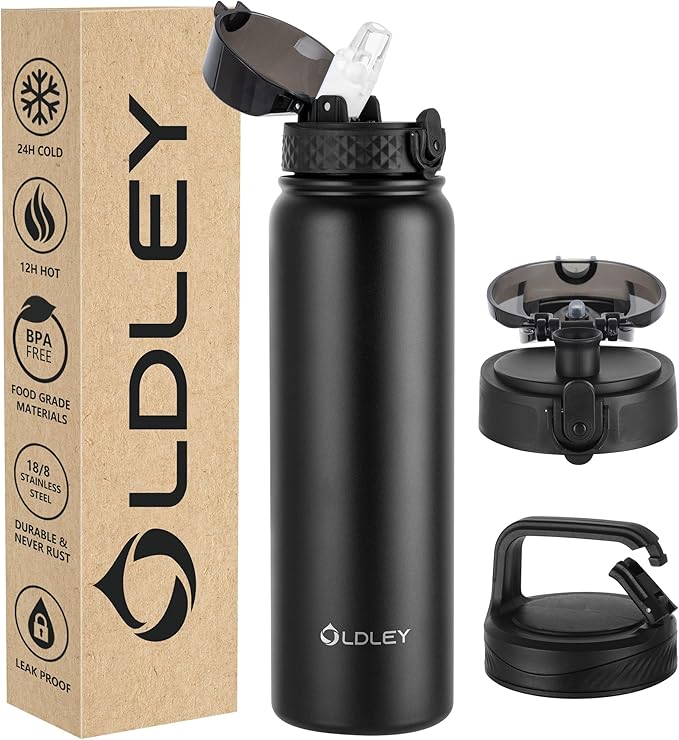 Oldley Insulated Water Bottle 32oz Water Bottles with Straw, Stainless Steel Water Bottle with 3 Lids, Double Wall Vacuum Bottles for Adult,Sports Bottles for School Travel, Black
