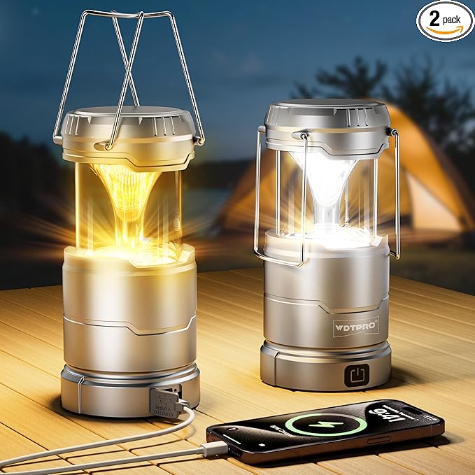 2 Pack Camping Lantern Rechargeable Collapsible, 65 LED 3 Light Modes Camping Lights, Stepless Dimming, Waterproof Portable Lanterns for Camping Power Outages Tent Emegency Home Hiking