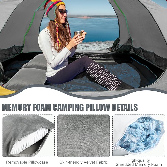 2 Pack Camping Pillow for Sleeping Shredded Memory Foam Travel Pillow with Storage Bag, Compressible Portable Pillow for Outdoor Camp Backpacking Hiking Essential Gear(Grey,Medium)