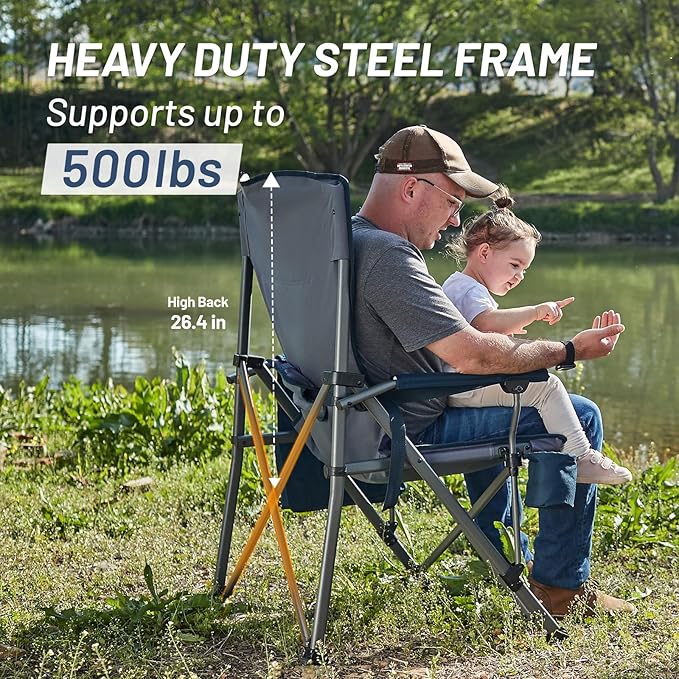 Timber Ridge Oversized Folding Camping Chair with Lumbar Support Adjustable High Back Heavy Duty for Adults Support up to 500lbs with Cup Holder, Cooler Bag, Side Pocket, Blue