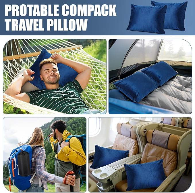 2 Pack Camping Pillow for Sleeping Shredded Memory Foam Travel Pillow with Storage Bag, Compressible Portable Pillow for Outdoor Camp Backpacking Hiking Essential Gear(Blue,Medium)