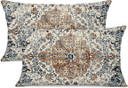 Outdoor Waterproof Pillow Set of 2, 12X20 Inch, Bohemian Vintage Carpet Pattern, Gold Blue Ethnic Design, Decorative Farmhouse Pillow Covers for Couch, Garden, Balcony