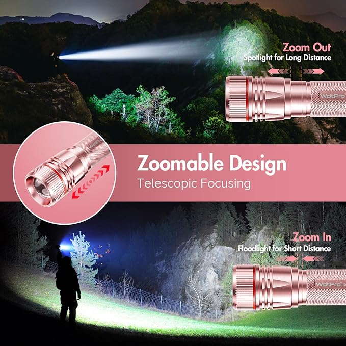 WdtPro Rechargeable Flashlights High Lumens, 2 Pack Super Bright LED Small Tactical EDC Flashlight with 10H Runtime, Portable Flash light for Camping, Home, Emergency Essentials Pink(Battery Included)