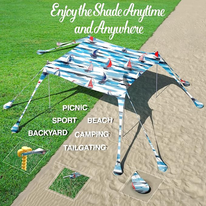Rhino Valley Beach Tent Shade Canopy UPF50+ Protection, 8 Sandbags, 4 Stability Poles, Outdoor Sun Shelter Umbrella for Sand, Camping, Fishing Essentials