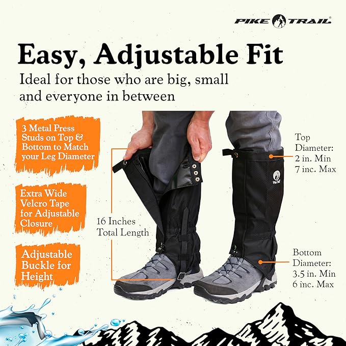 Pike Trail Adjustable Leg Gaiters - Lightweight, Waterproof - Leg Guards for Men & Women - Hiking Essentials Ideal for Hunting, Trekking & Fishing - 1 Pair