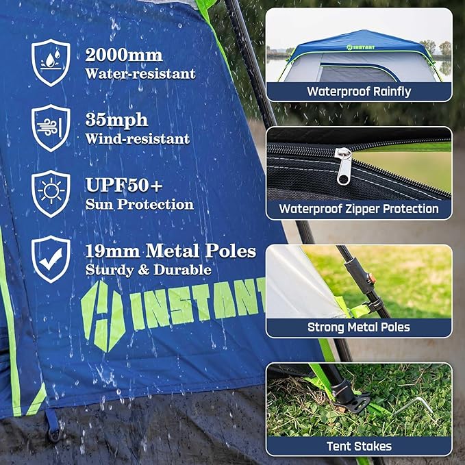 4/6/8 Person Instant Tent, Waterproof Pop Up Tents for Camping with Rainfly, 60 Seconds Easy Setup, Automatic Cabin Tent for Family Camping with Expandable Carry Bag & Upgraded Ventilation