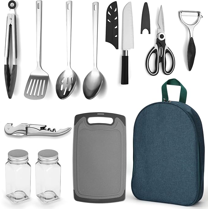 Evanda Camping Kitchen Cooking Utensil Set 10 Piece, Stainless Steel Outdoor Cooking and Grilling Utensil Organizer Travel Set Perfect for Travel, Camping, RVs, BBQs, Picnics, Parties and More