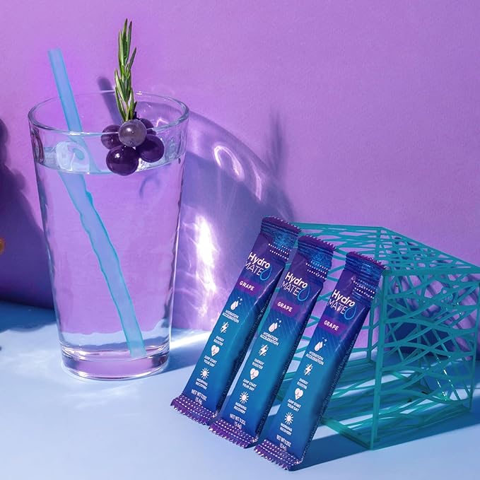 HydroMATE Electrolytes Powder Drink Mix Packets Hydration Accelerator Low Sugar Rapid Party Relief Recovery Vitamin C Plus Caffeine Grape 16 Count
