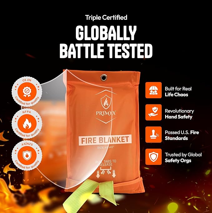 Emergency Fire Blanket 40"x40" (4-Pack) – Fireproof Survival Blanket for Home, Kitchen, RV & Camping – Smothers Grease & Electrical Fires – Reusable, Pet & Family Safe Fire Safety Gear