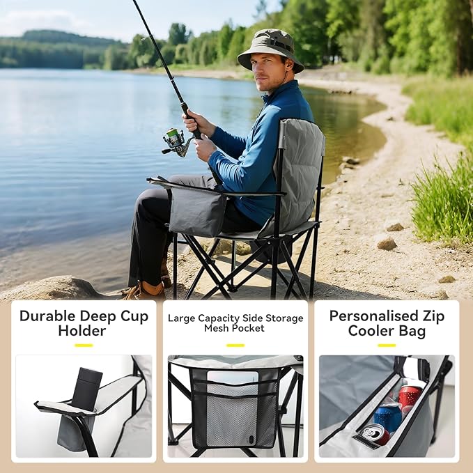 Heavy Duty Camping Chairs 600D Oxford Portable Folding Chair - Extra Wide Armrests, Cup Holder & Cooler Bag, Supports 350lbs, Ideal for Outdoor, Beach, Picnic & Sports