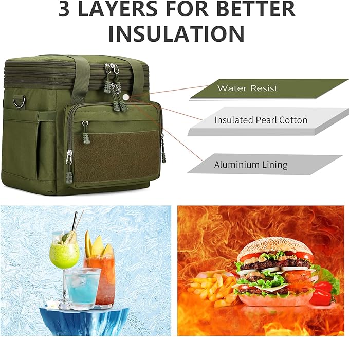 Tactical Lunch Box for Men, Insulated Lunch Bag Adult, Thermal Lunchbox Leakproof Waterproof Cooler Bag, Dual Compartment Lunch tote, Large Lunch Pail for Work Office Travel(Green) 15L