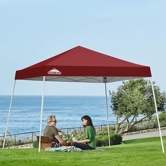 EAGLE PEAK 10x10 Slant Leg Pop-up Canopy Tent Easy One Person Setup Instant Outdoor Beach Canopy Folding Portable Sports Shelter 10x10 Base 8x8 Top (Burgundy)