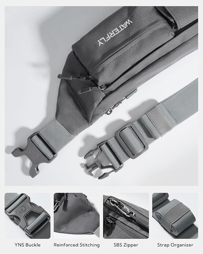 WATERFLY Small Crossbody Fanny Pack: 5 Pocket Slim Lightweight Waist Belt Hip Bag for Women Men Water Resistant Chest Pouch for Travel Hiking Running Walking Fit All Phones - Gray