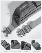 WATERFLY Small Crossbody Fanny Pack: 5 Pocket Slim Lightweight Waist Belt Hip Bag for Women Men Water Resistant Chest Pouch for Travel Hiking Running Walking Fit All Phones - Gray