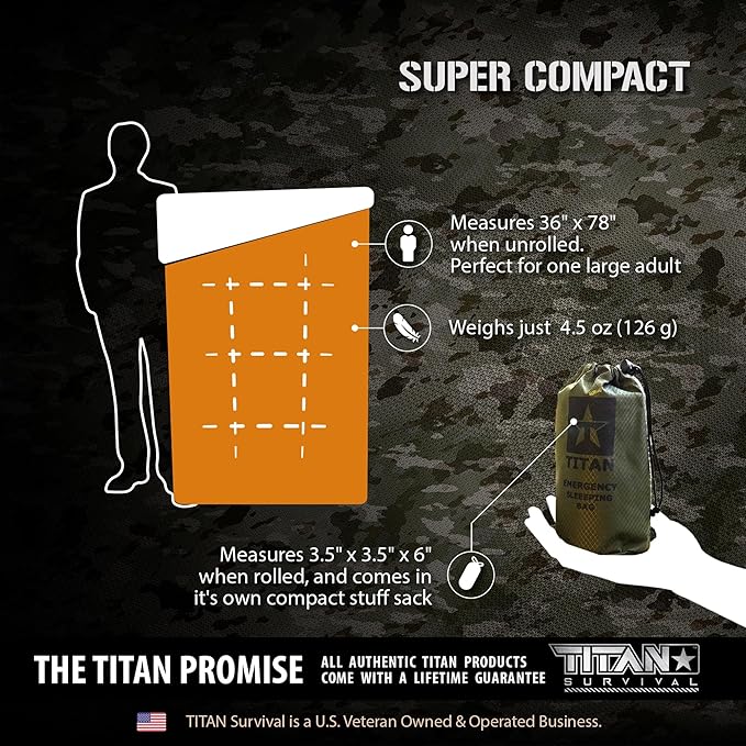 TITANSurvival Emergency Sleeping Bags for Survival 36” x 78” - 90% Heat Retention, 41% Thicker & Waterproof - Durable Survival Sleeping Bag for Cold Weather Camping - Thermal Sleeping Bag Outdoor Use