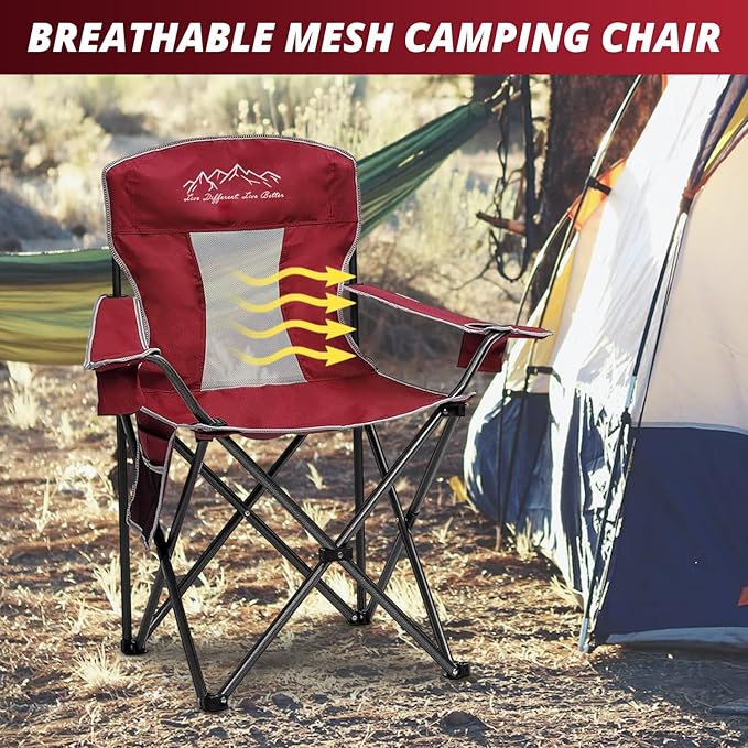 2PCS Mesh Folding Camping Chairs, Oversized Portable Outdoor Chairs, Weight Capacity 325 lbs with Cup Holder, Storage Pocket, Carry Bag Red