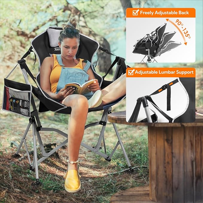 Oversized Hammock Camping Chairs, Folding Swing Chair with 1-Step Design, Swinging Hammock Chair with Adjustable Backrest, Lumbar Support & Headrest for Outdoor&Indoor, Support 400LBS, Black
