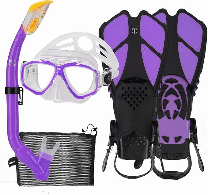 Kids Mask Fins Snorkel Set Snorkeling Packages, with Diving Mask, Snorkel, Adjustable Swim Fins, Mesh Bag, Anti-Fog Anti-Leak Snorkeling Gear for Kids for Snorkeling Swimming Diving