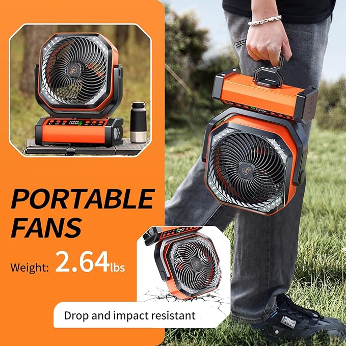 Camping LED Fan with Light, 20000mAh Rechargeable Battery Powered Outdoor Tent Fan with Light and Hook, 8 Speed, Personal USB Desk Fan for Camping, Fishing, Power Outage,Hurricane, Worksite