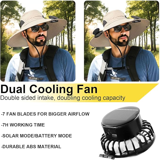 Outdoor Wide Brim Sun Hat with 2 Solar Fan for Men Women UPF50+ Outdoor Hiking Sun Protection Bucket Fishing&Cycling Hat