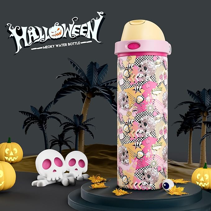 24 oz Halloween Insulated Water Bottle: Meoky Stainless Steel Water Bottle with Straw and Spout Lid - Leak Proof, Cold for 24 Hours, Fits in Car Cup Holder, Halloween Gifts for Women Men, Jolly Bones