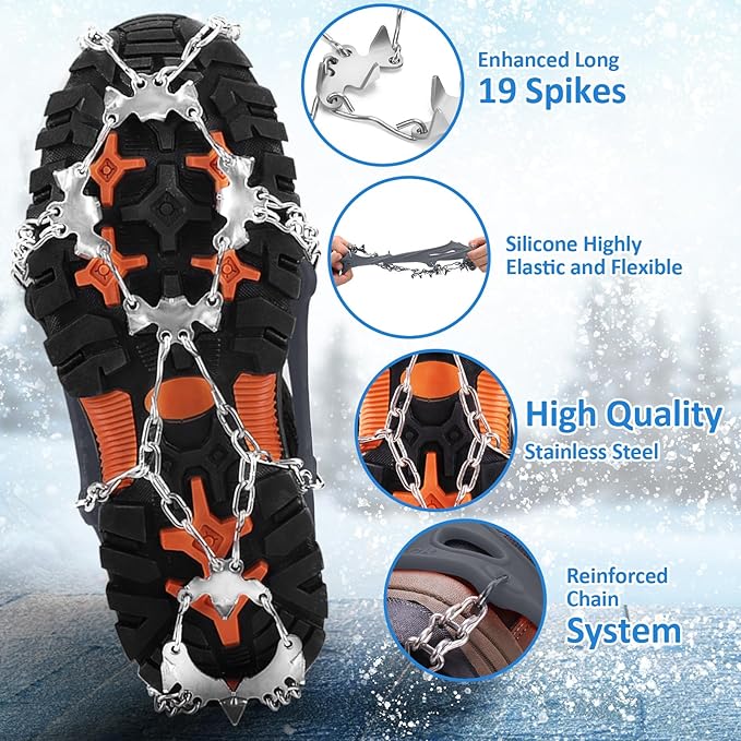 WIN.MAX Crampons for Shoes, Traction Cleats Ice Snow Grips with 19 Stainless Steel Spikes, Shoe Talons Anti - Slip Boots Spikes for Walking, Jogging, Climbing and Hiking