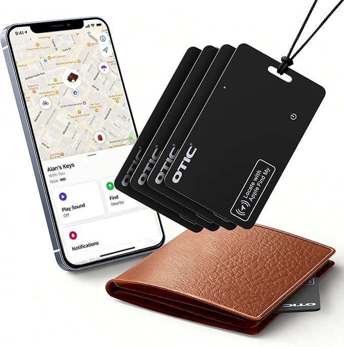 OTIC Wallet Tracker Card, Ultra-Thin 1.7MM Rechargeable Finder, Works with Apple Find My (iOS Only), Item Locator for Luggage Tags, Passports, Phone, IP67 Waterproof, (4-Pack)
