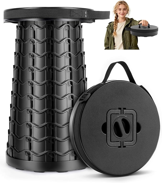 Collapsible Stool for Adults Adjustable Height - Portable Retractable Folding Camping Stool, Extra Tall and Wide Folding Chair, Heavy Duty Outdoor Essentials for Camping, Fishing, Waiting, Hunting