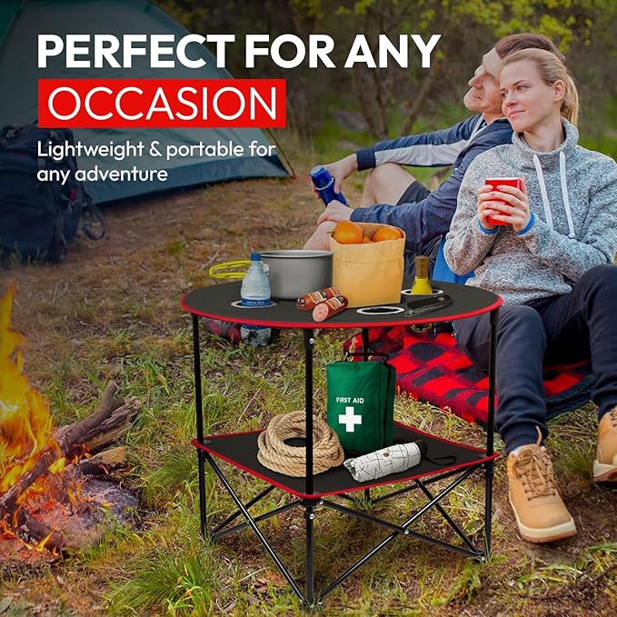 Folding Camping Table, 2-Tier Portable Table with Cup Holders, Carry Bag and Folding Cup, Small Camp Table for Tailgate, Picnic, BBQ, Beach, Fishing & Outdoor Use