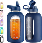 CIVAGO 64 oz Glass Water Bottle Jug with Straw and Handle, Half Gallon Sports Motivational Bottle with Time Marker and 2 Lids, Large Flask Canteen with Silicone Sleeve for Gym, Navy
