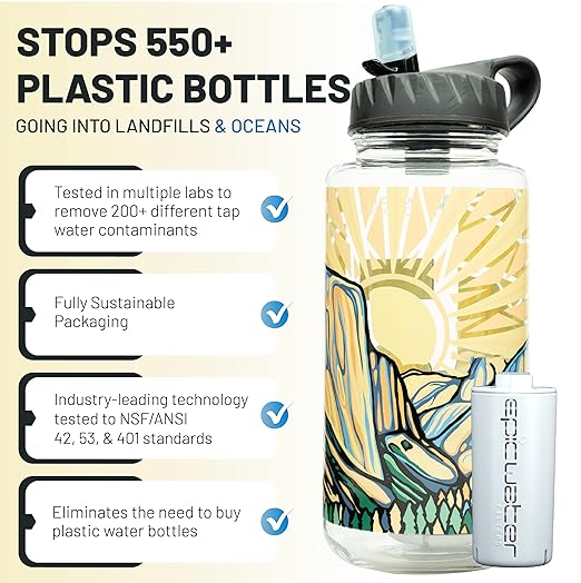 Epic Water Filters Nalgene OG Water Bottle with Filter, USA Made, BPA Free, Removes 99.99% Tap Water Contaminants, Forever Chemicals, Honnold Foundation Art, 32 oz