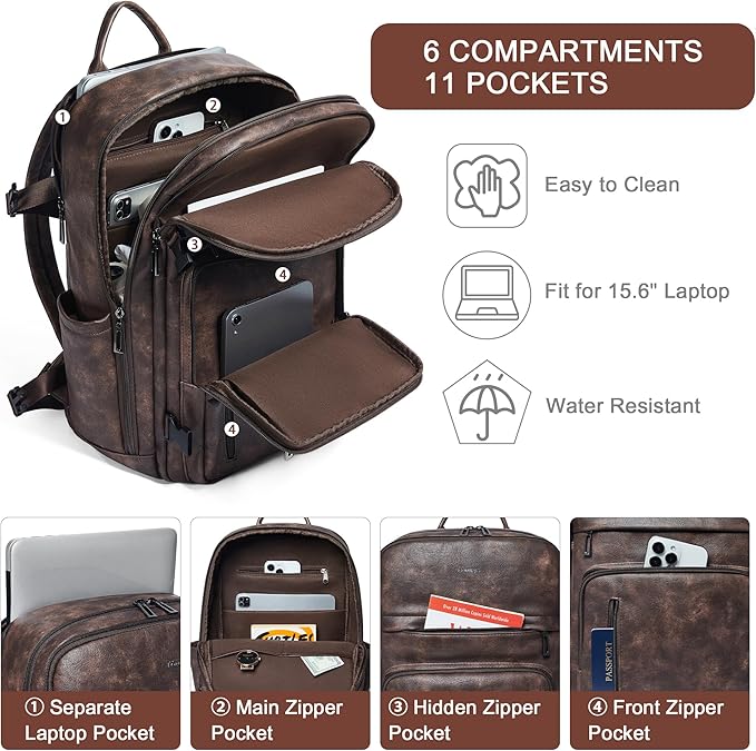Travel Backpack for Women, Fits 17.0" Notebook, Stylish Lay-Flat Carry-on Vegan Leather Backpack with Luggage Strap for Travel and Daily Use