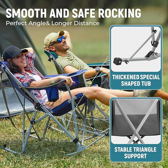 FUNDANGO Rocking Camping Chair, 2 Pack High Mesh Back Portable Folding Camp Chairs with Pillows, Cup Holder and Carry Bag for Lawn Patio Garden Outdoor Supports 300 Lbs (Blue/Grey)