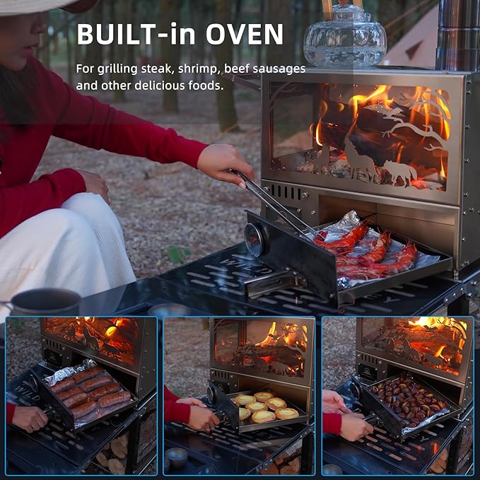 M8 Wood Burning Stove with Oven & Camping Table, Stainless Steel Portable IGT Hot Tent Stove, Including 6 Chimney Pipes, for Camping, Tents, Cooking and Travel (Silver)