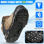 Ice Cleats for Shoes and Boots Men Women Snow Traction Cleats Crampons Anti Slip Shoe Grippers Spikes for Snow Ice Winter Walking Non-Slip 24 Studs Overshoe Slip-on Stretch Footwear