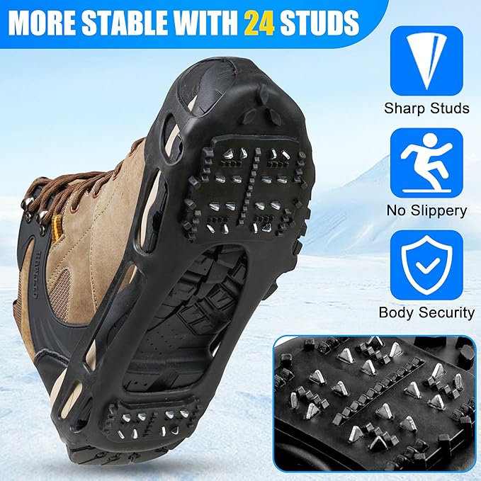 Ice Cleats for Shoes and Boots Men Women Snow Traction Cleats Crampons Anti Slip Shoe Grippers Spikes for Snow Ice Winter Walking Non-Slip 24 Studs Overshoe Slip-on Stretch Footwear