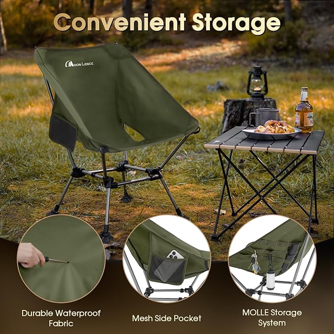 MOON LENCE High Back Folding Camping Chairs, Height-Adjustable, Widened Seat, for Beach with Anti-Sinking Feet (Green-Plus)