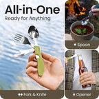 Orblue 4-in-1 Camping Eating Utensils, 2-Pack - Portable Spoon, Fork, Knife & Bottle Opener Combo Set - Stainless Steel Flatware with Detachable Fork - Travel, Backpacking Cutlery Multitool, Green