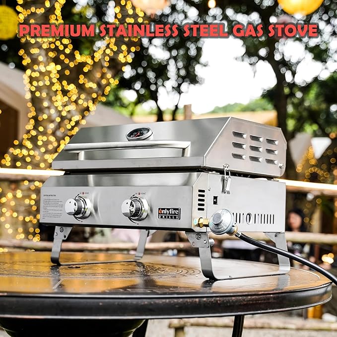 Tabletop Gas Griddle with Lid & Foldable Legs, 2-Burner BBQ Propane Flat Top Griddle, Portable Grill Stove for Outdoor Cooking Patio Party Camping Tailgating RV, Stainless Steel, GS318