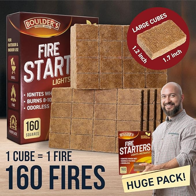 Fire Starter Cubes, 160 pcs - Bulk Pack - Fast Grill BBQ Charcoal Start - Odorless & Waterproof - Firestarter Squares for Campfire, Outdoor Fire Pit, Wood Stove, Fireplace, Logs - Camping Essentials
