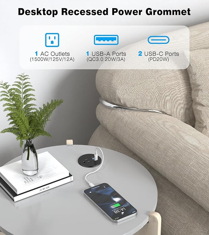 Desk Grommet Power Outlet, 2.5 inch Desktop Recessed Outlet with 20W Fast Charging USB-C Port, Flush Mount Outlet for Conference Rooms, Office Tables, Furniture (Black, 6FT)
