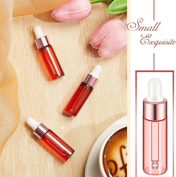 100 Pcs Mini Glass Oil Dropper Bottle Bulk, Clear Essential Small Empty Bottles Sample Containers Perfume Liquid Vials with Cap for Traveling (5 ml,Pink Body)
