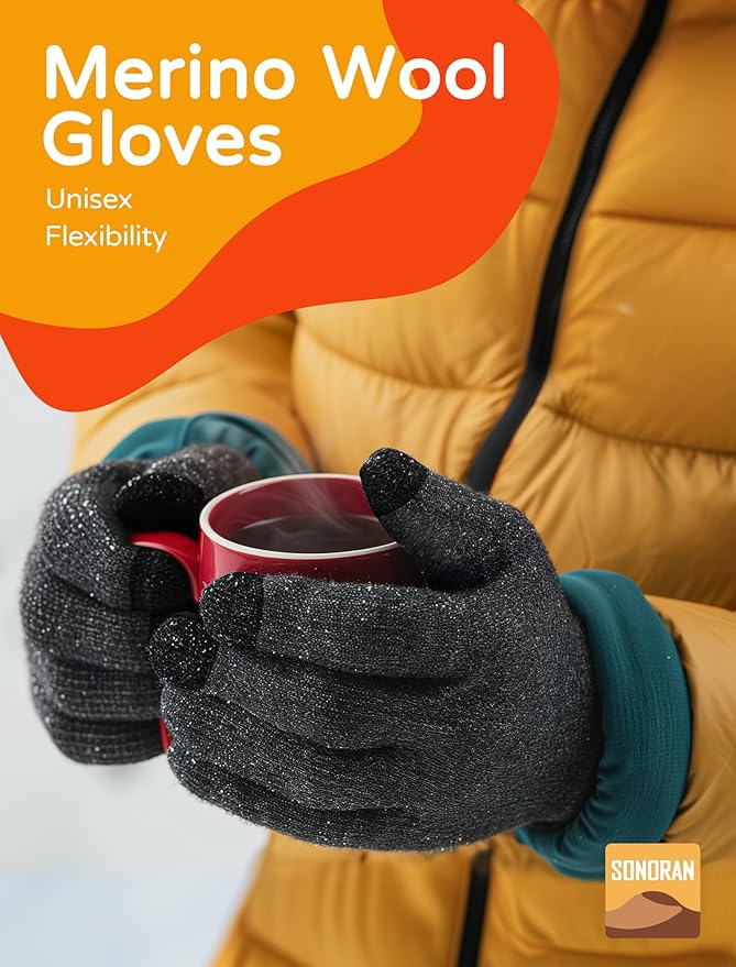 Merino Wool Gloves, Touch Screen Liner Base Layer Warm Gloves with Thermal Soft Knit Lining for Driving Running Hiking L (Black Gray)