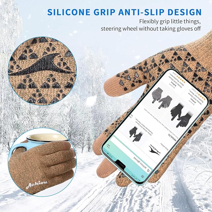 Achiou Winter Gloves, Glove for Men Women, Upgraded Touch Screen Texting Warm Running with Thermal Soft Knit Lining