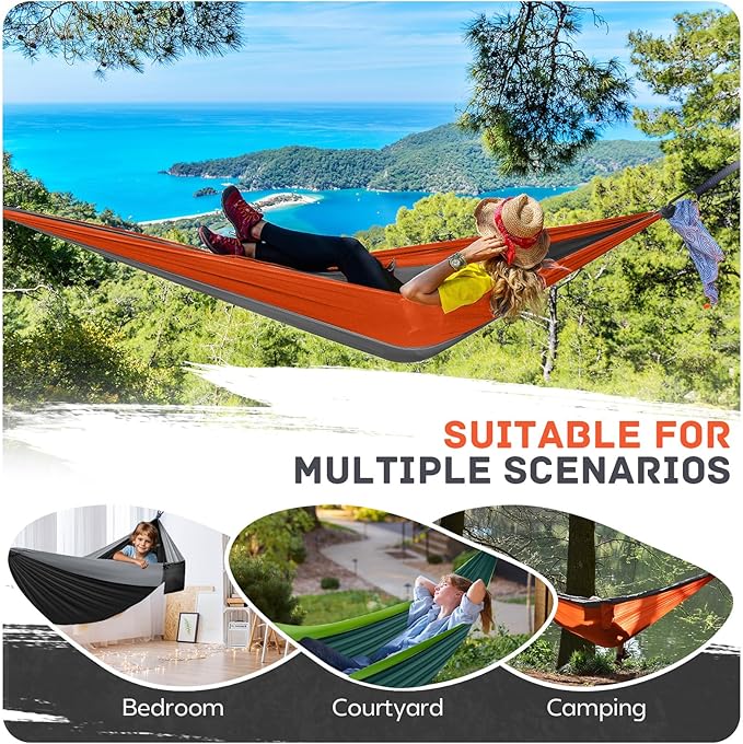 Camping Hammock Lightweight, Portable Hammocks Parachute Hammock with Two Tree Straps, Single or Double Travel Swing Nylon Camp Hammocks, Outdoor Essentials for Beach Backpacking Hiking, Orange