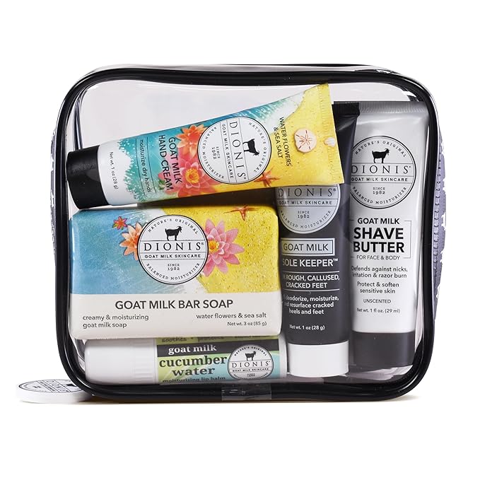 Dionis Goat Milk Skincare Water Flowers & Sea Salt 6 Piece Travel Kit - TSA Approved - in Reusable Bag (pack of 1)
