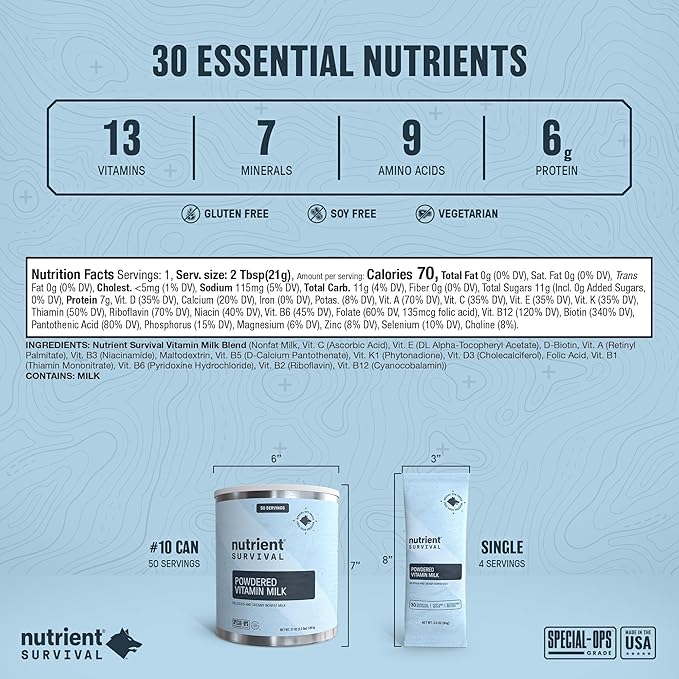 Nutrient Survival Vitamin Powdered Milk (4 Cans, 200 Servings), Freeze Dried Prepper Supplies & Emergency Food Supply, 21 Essential Nutrients, Soy & Gluten Free, Shelf Stable Up to 25 Years