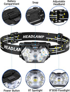 9 LED Headlamp Battery Powered, 1 Pack 2000 Lumens Headlight, 3 AAA Batteries Included, 6 Modes, Lightweight and Adjustable, IPX5 Waterproof Head Lamp for Camping, Outdoor, Running