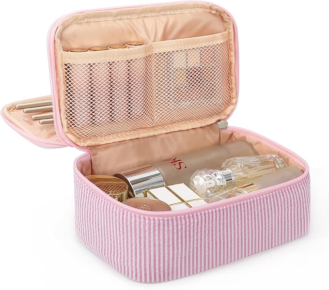 Relavel Cute Makeup Bag for Girls, Portable Pink Cosmetic Bag, Dual-layer Makeup Pouch with Brush Holder, Multi-Functional Preppy Toiletry Organizer for Travel, Daily Use - Pink Strip