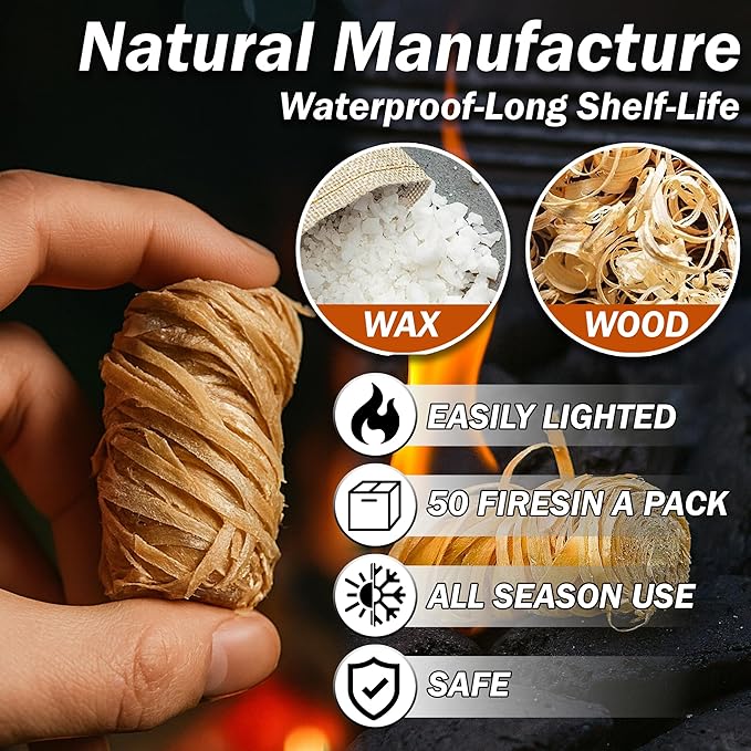 Fire Starters – 50 Natural Fire Starter Pieces for Fireplace, Wood Stove, Campfire, BBQ, Pizza Oven, Fire Pit & Smoker – Safe Charcoal Starters for Grill & Pellet Stove
